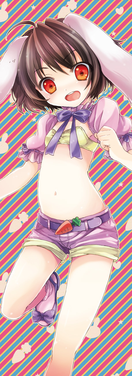 kona, kona (canaria), inaba tewi, touhou, bad id, bad pixiv id, highres, 1girl, animal ears, belt, brown hair, carrot, female focus, flat chest, rabbit ears, red eyes, short hair, shorts, solo