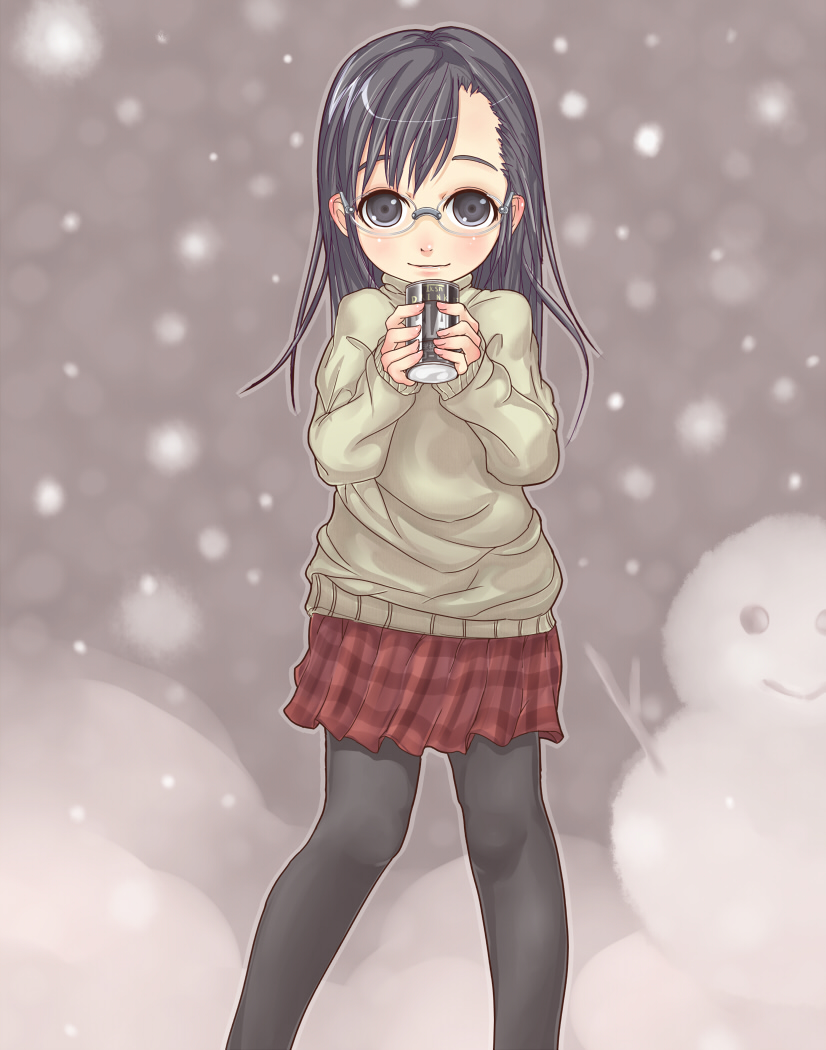 tsukusun, black hair, can, glasses, long hair, pantyhose, plaid clothes, plaid skirt, skirt, snow, snowman, solo, sweater