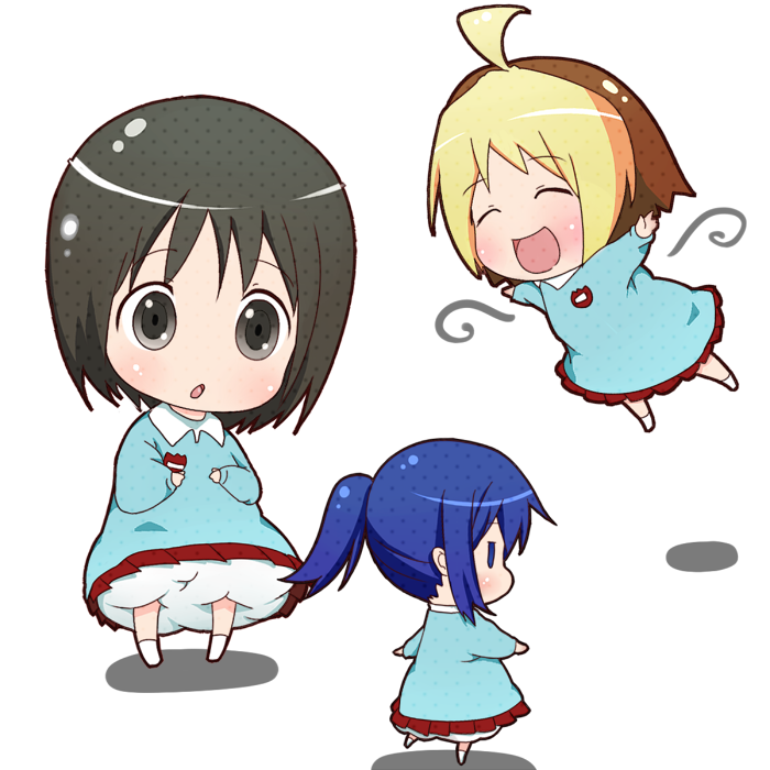 tsukusun, anzu (hanamaru youchien), hiiragi (hanamaru youchien), koume (hanamaru youchien), hanamaru youchien, 3girls, black hair, blue hair, child, colored bangs, kindergarten, kindergarten uniform, multicolored hair, multiple girls, school uniform, simple background, two-tone hair, white background