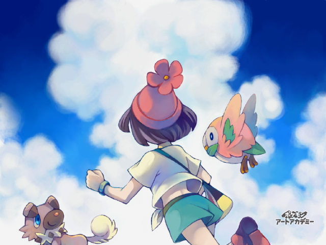 saikachi (ogre tree), rockruff, rowlet, selene (pokemon), nintendo, pokemon, pokemon sm, commentary request, 1girl, aqua shorts, art academy (medium), bag, beanie, bird, black hair, blue sky, cloud, dog, gen 7 pokemon, handbag, hat, median furrow, owl, pokemon (creature), red hat, running, shirt, short hair, short sleeves, shorts, sky, tied shirt