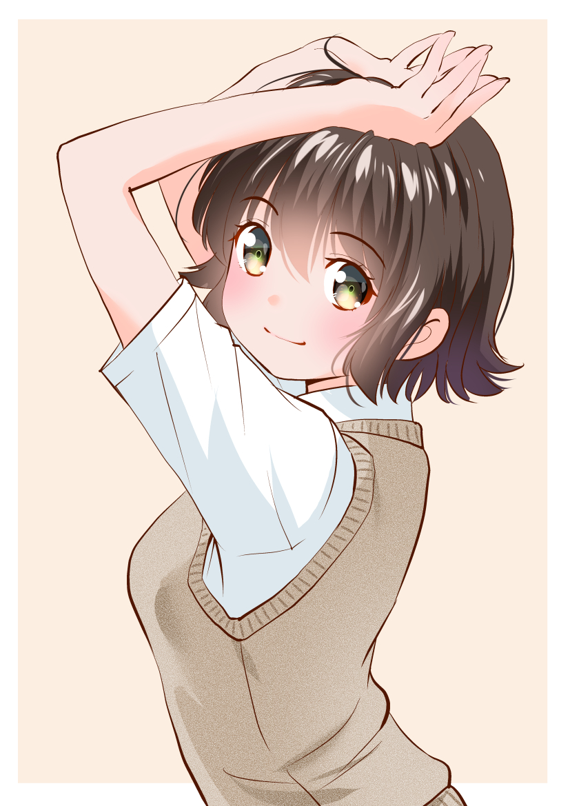 yamanaka kouji (yanchiki2001), original, commentary request, 1girl, arms up, border, brown hair, from side, green eyes, looking at another, outside border, short hair, short sleeves, smile, solo, sweater vest, upper body, white border, yellow background