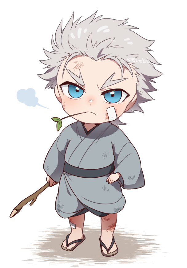 0nodera, nagakura shinpachi (fate), fate/grand order, fate (series), commentary request, 1boy, aged down, bandage on face, bandage on leg, bandages, blue eyes, forked eyebrows, full body, grey hair, grey kimono, holding, holding stick, japanese clothes, kimono, looking at viewer, male focus, mouth hold, sandals, short hair, solo, stalk in mouth, stick, white background