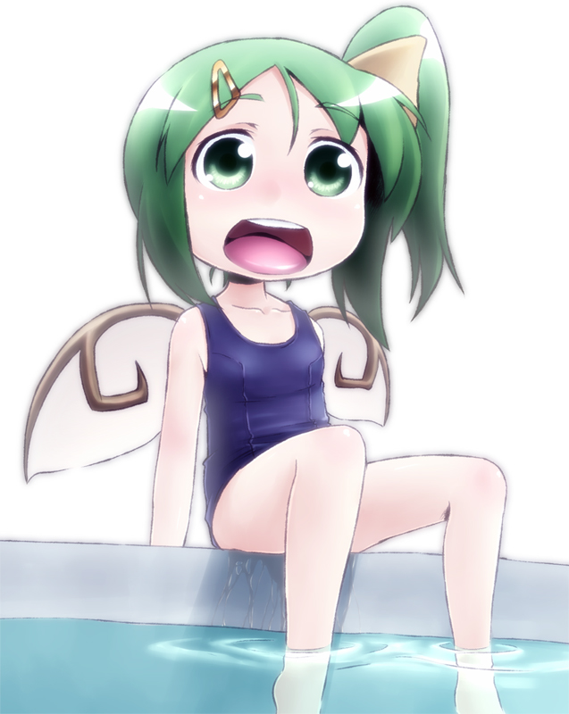 kusaba, kusaba (kusabashiki), daiyousei, embodiment of scarlet devil, touhou, 1girl, barefoot, female focus, green eyes, green hair, hair ornament, hairclip, matching hair/eyes, one-piece swimsuit, open mouth, school swimsuit, side ponytail, sitting, soaking feet, solo, swimsuit, water, wings