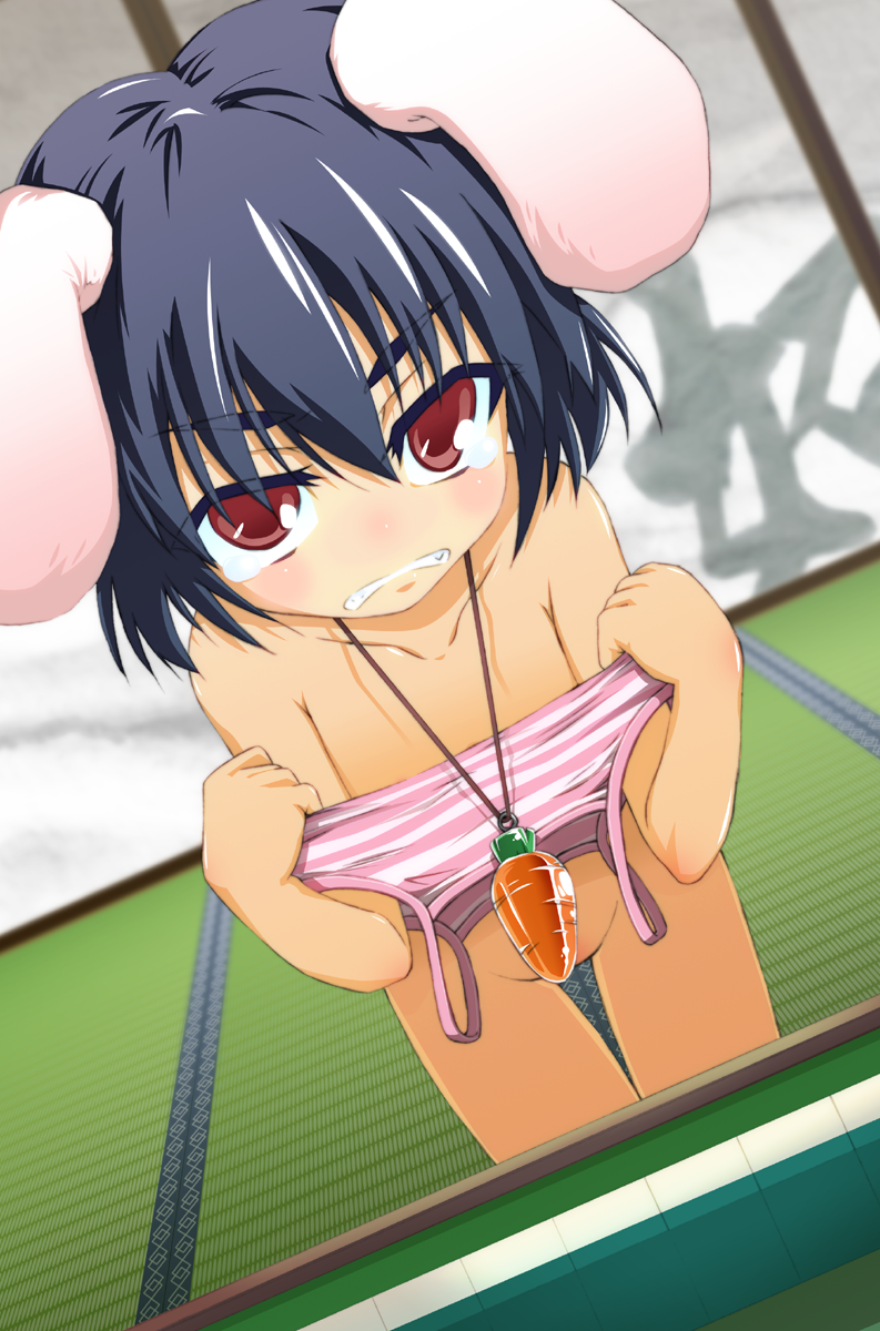 konoe yuba, inaba tewi, touhou, bad id, bad pixiv id, highres, 1girl, animal ears, black hair, board game, bra, camisole, censored, collarbone, convenient censoring, female focus, jewelry, mahjong, nude, pendant, pink bra, playing games, rabbit ears, red eyes, short hair, solo, strip game, strip mahjong, striped bra, striped clothes, tears, training bra, underwear, undressing