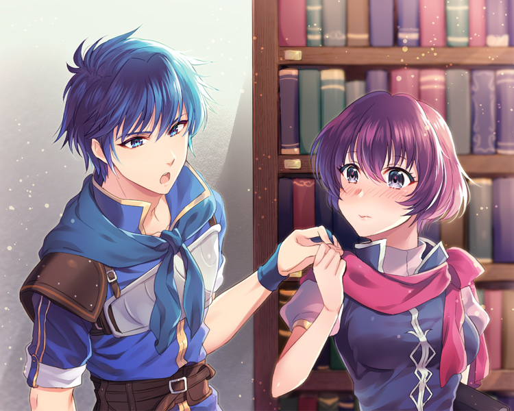 awayuki ramika, katarina (fire emblem), male kris (fire emblem), fire emblem, fire emblem: new mystery of the emblem, nintendo, commentary request, 1boy, 1girl, blue eyes, blue hair, bookshelf, breasts, looking at another, medium breasts, purple hair, red scarf, scarf, short hair