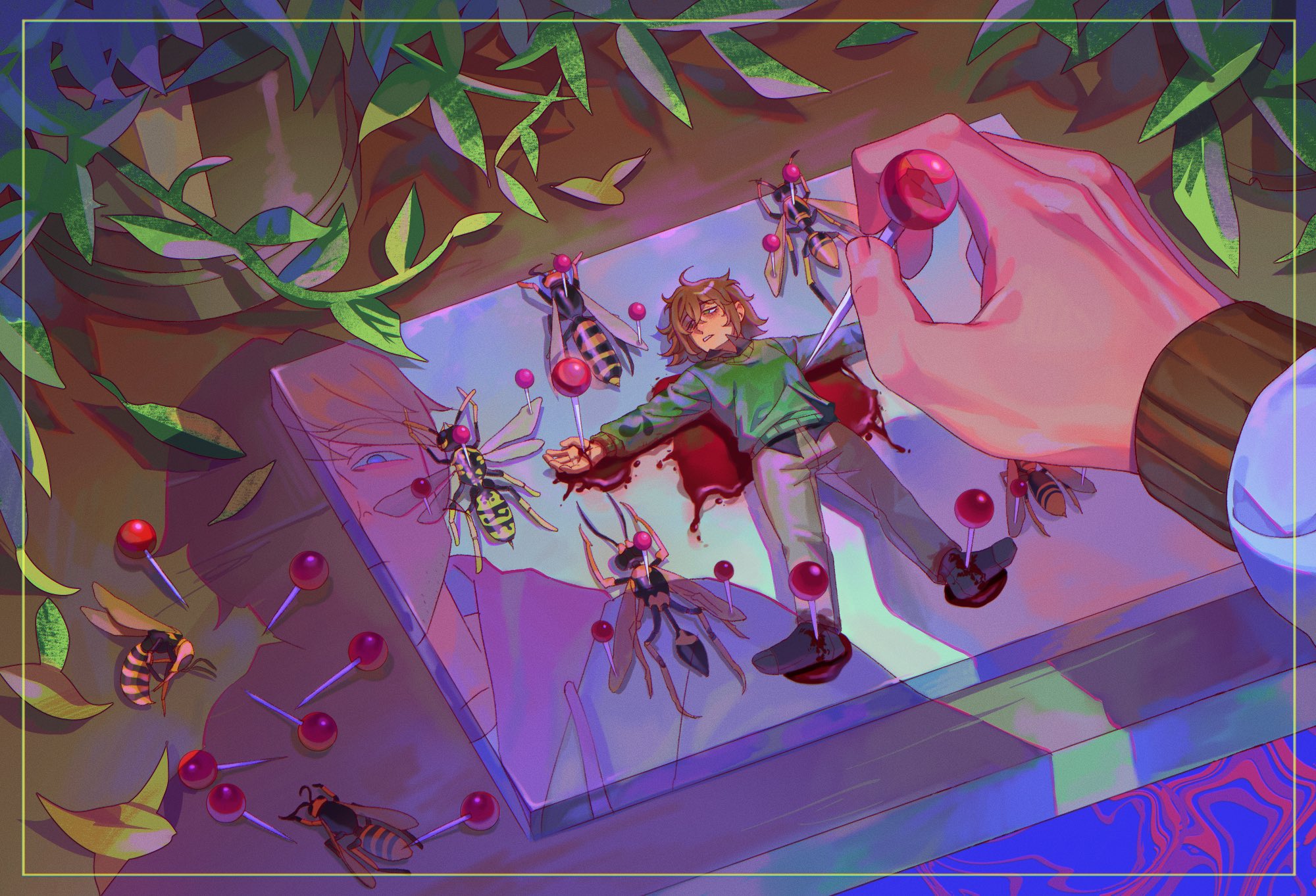 boyfriend to death, original, commentary, commission, english commentary, highres, 1other, ambiguous gender, bee, blank stare, bleeding, blood, brown hair, bug, green sweater, insect, insect pin, lawrence oleander, leaf, looking to the side, mini person, other focus, outstretched arms, outstretched legs, pin, pinned, plant, pool of blood, pov, pov hands, reflection, short hair, solo, soureeeee, sweater, table, wasp