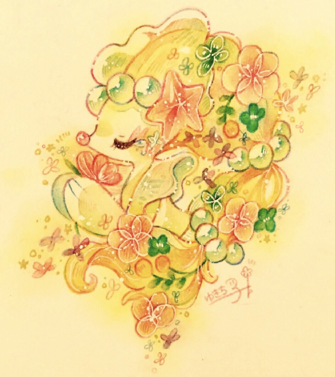 yukichi 0611, primarina, nintendo, pokemon, commentary request, highres, painting (medium), traditional media, watercolor (medium), beads, closed eyes, flower, gen 7 pokemon, holding, holding flower, long hair, no humans, pokemon (creature), signature, starfish, very long hair
