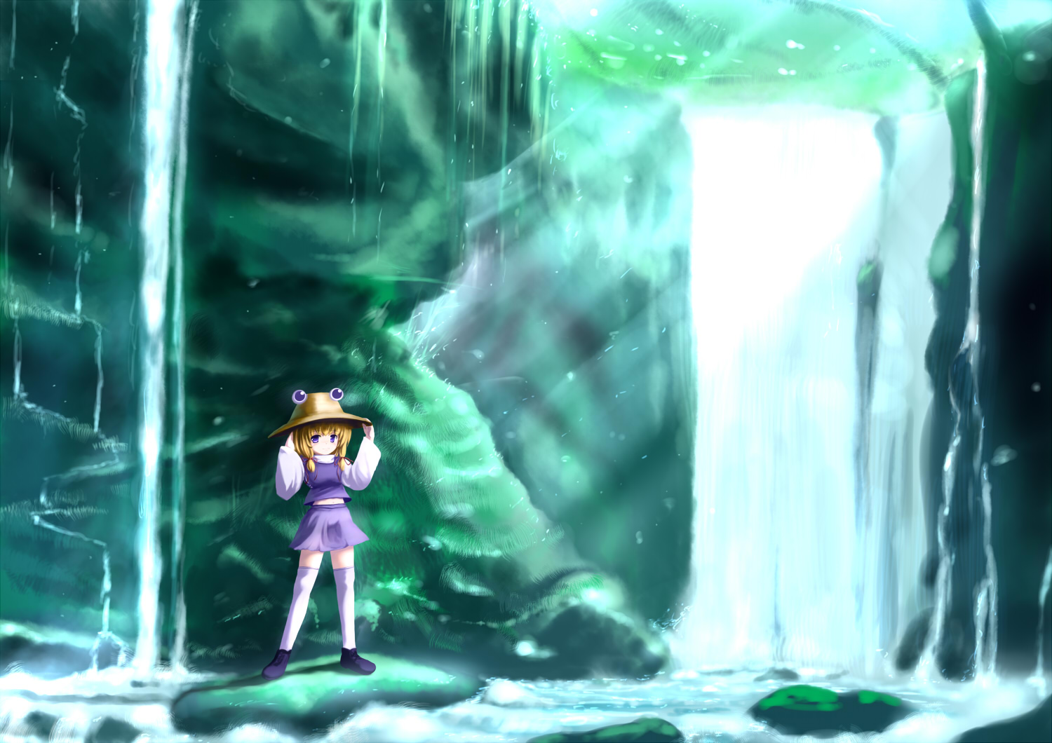 tsubasa (abchipika), moriya suwako, touhou, 1girl, blonde hair, female focus, hair ribbon, hand on headwear, hat, looking at viewer, midriff, nature, purple eyes, ribbon, scenery, skirt, solo, standing, thighhighs, water, waterfall, white thighhighs, zettai ryouiki