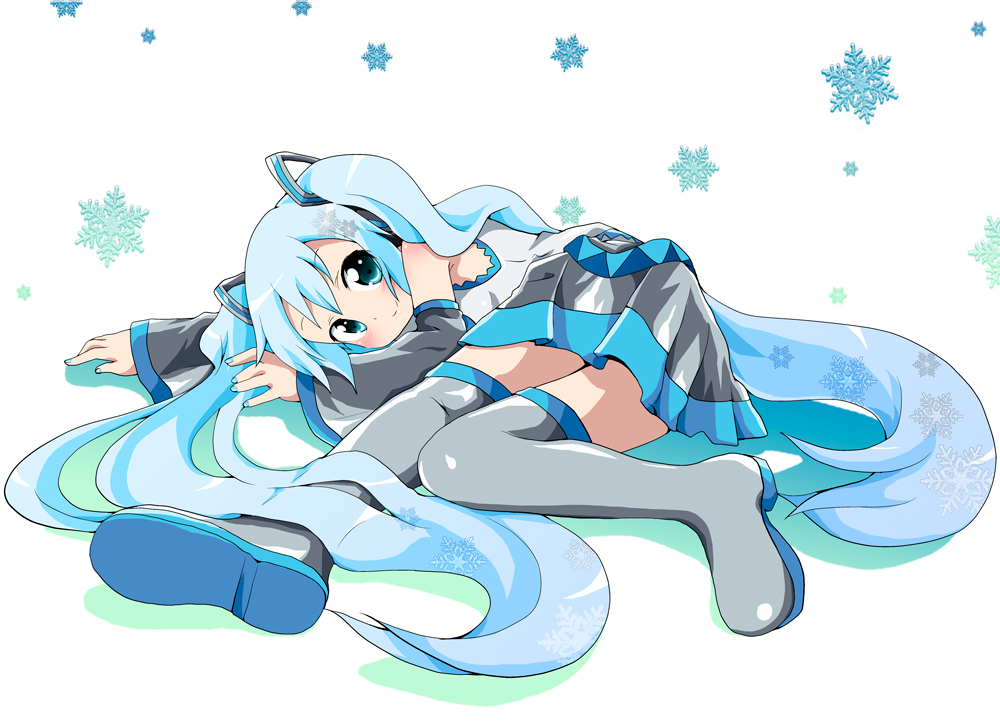 massala, hatsune miku, yuki miku, vocaloid, 1girl, aqua eyes, aqua hair, female focus, full body, long hair, necktie, patterned, skirt, smile, snow, snowflakes, solo, thighhighs, twintails, very long hair, white background, zettai ryouiki