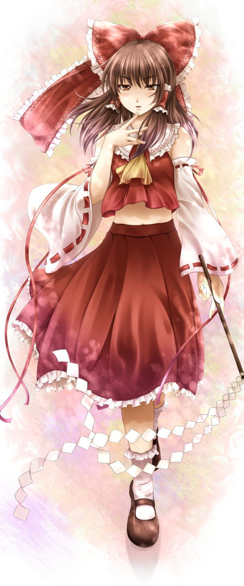 mochi.f, hakurei reimu, touhou, bad id, bad pixiv id, highres, 1girl, bow, brown hair, female focus, frills, full body, gohei, gradient background, hair bow, japanese clothes, large bow, mary janes, midriff, miko, shoes, skirt, solo, white background
