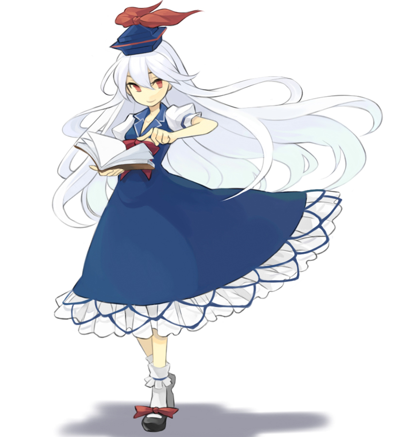 minoa (lastswallow), kamishirasawa keine, touhou, bad id, bad pixiv id, 1girl, book, dress, female focus, hat, long hair, red eyes, smile, solo, very long hair, white hair