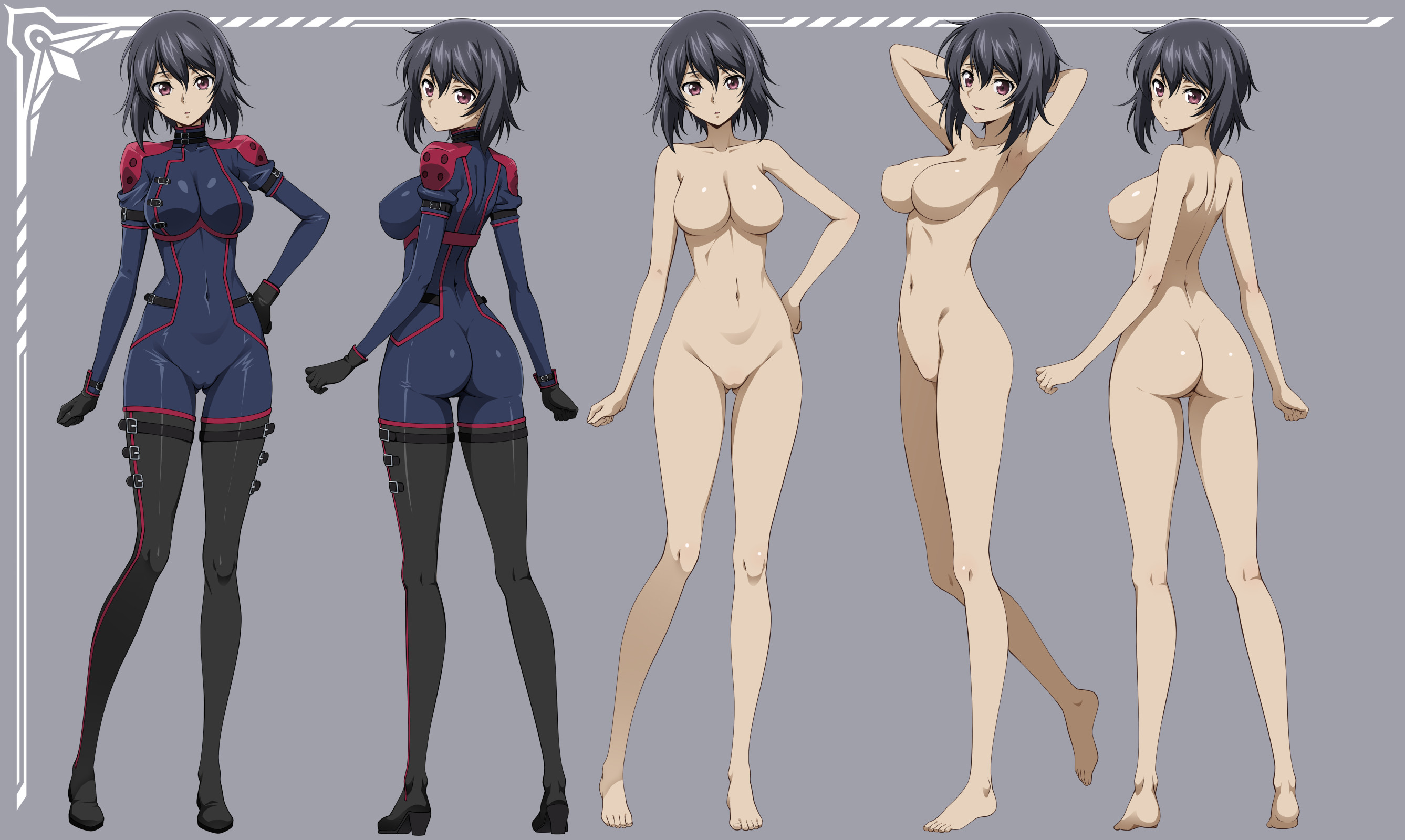 nanikairu, kousaka ayano, code geass, code geass: boukoku no akito, commentary request, highres, paid reward available, 1girl, ass, barefoot, black bodysuit, black hair, bodysuit, breasts, brown eyes, completely nude, expressionless, feet, grey background, large breasts, mecha pilot suit, medium hair, multiple views, navel, no nipples, nude, simple background, skin tight, standing, thighs, toes