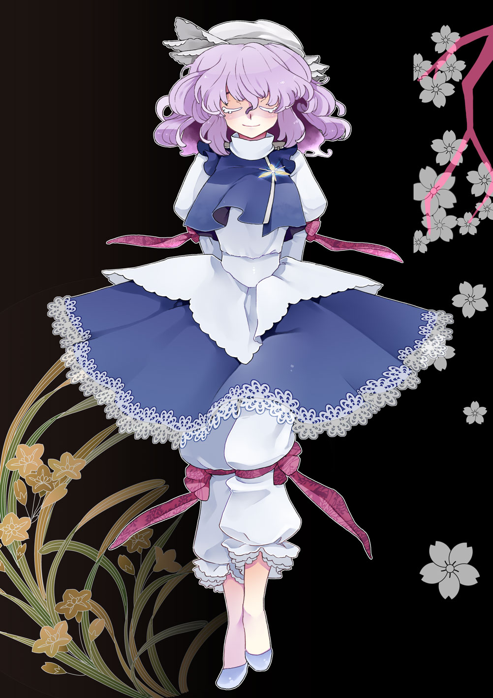 shino satoru, letty whiterock, touhou, highres, 1girl, arms behind back, black background, closed eyes, female focus, flower, full body, plant, purple hair, solo, standing