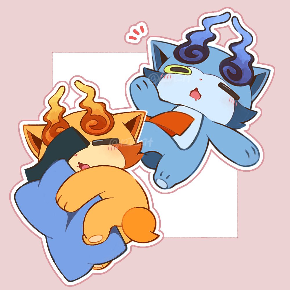 k-jiiro, k-komaa, youkai watch, youkai watch 3, 12ta it, blue fur, no humans, one eye closed, open mouth, orange fur, outline, pillow, tail, two-tone background, white outline, youkai (youkai watch)