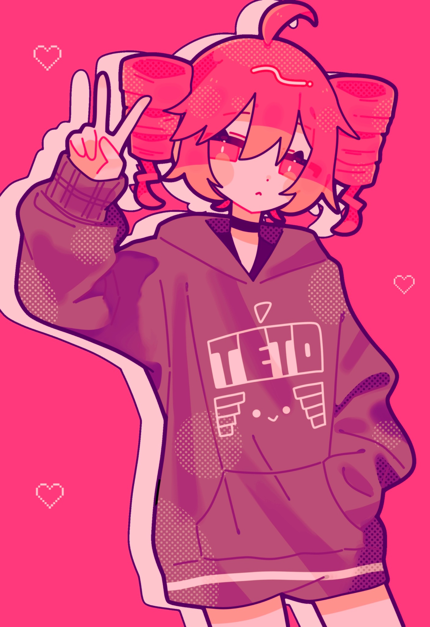 okayu (okayuyuyu2), kasane teto, utau, commentary request, highres, 1girl, :<, character name, character print, choker, cowboy shot, drill hair, drop shadow, hand in pocket, hand up, heart, hood, hood down, hoodie, jitome, long sleeves, pink background, pink eyes, pink hair, pixel heart, self character print, sleeves past wrists, solo, twin drills, v