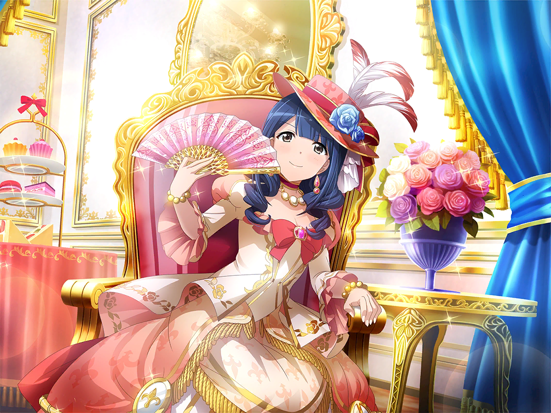 hanayagi kaoruko, marie antoinette, shoujo kageki revue starlight, shoujo kageki revue starlight -re live-, game cg, official art, 1girl, armchair, bead bracelet, beads, blue hair, bow, bracelet, breasts, brown eyes, chair, cleavage, closed mouth, cosplay, curtains, dress, drill hair, earrings, folded fan, folding fan, hand fan, hat, hat feather, holding, holding fan, indoors, jewelry, long sleeves, looking at viewer, marie antoinette (cosplay), medium hair, mirror, necklace, on chair, pink bow, puffy long sleeves, puffy sleeves, red hat, sitting, smile, solo, table, vase, white dress
