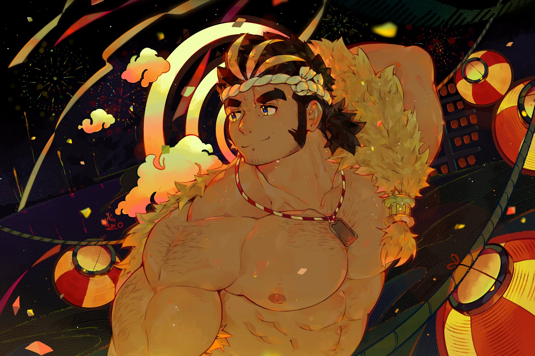 kiekoio, yamasachihiko (housamo), tokyo houkago summoners, commentary, highres, symbol-only commentary, 1boy, armpit hair, bara, body hair, coat, confetti, facial hair, fireworks, fur-trimmed coat, fur trim, halo, jewelry, lantern, low ponytail, male focus, multicolored hair, necklace, night, paper lantern, ponytail, thick eyebrows, two-tone hair, yellow eyes, yellow halo