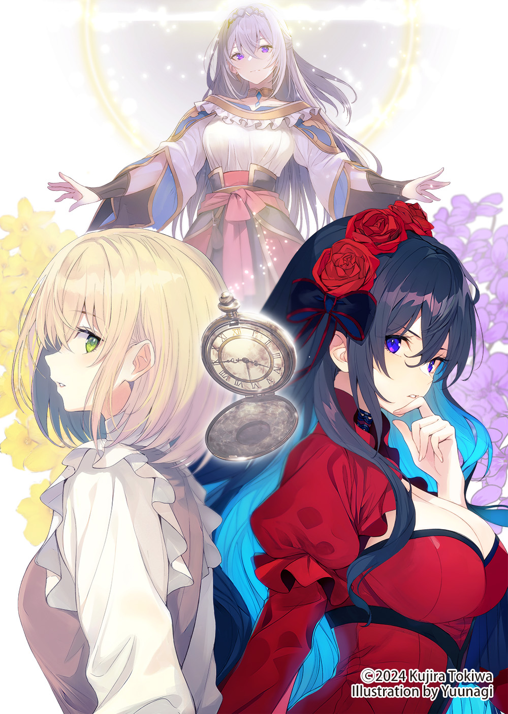 yuunagi (seventh heaven), constance grail, scarlet castiel, eris no seihai, character request, commentary request, flower request, highres, official art, second-party source, 3girls, black choker, blonde hair, blue hair, breasts, brown dress, brown hair, choker, cleavage, colored inner hair, copyright notice, cover, cover page, dress, flower, green eyes, hair flower, hair ornament, large breasts, long hair, long sleeves, looking at viewer, medium hair, multicolored hair, multiple girls, novel cover, pocket watch, purple eyes, purple flower, purple hair, red dress, red flower, red rose, rose, very long hair, watch, yellow flower