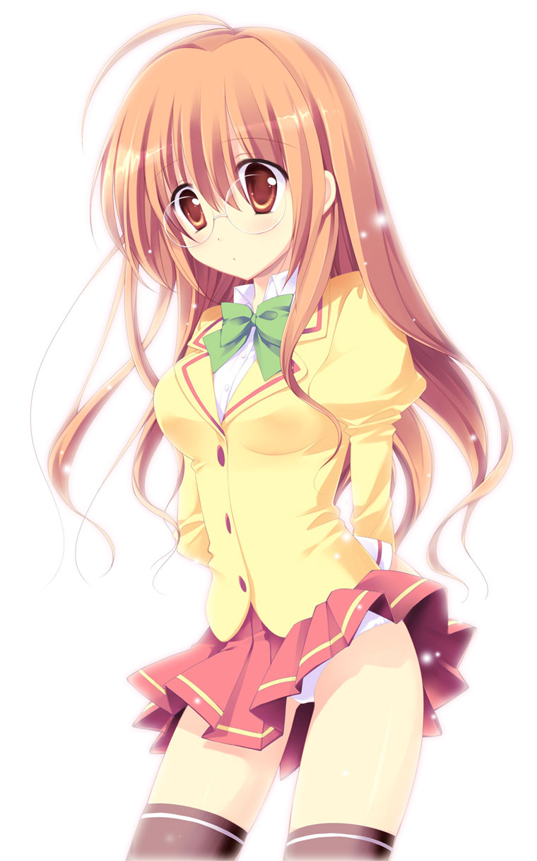 chany, original, highres, 1girl, ahoge, arms behind back, blush, breasts, brown eyes, brown hair, clothes lift, female focus, glasses, large breasts, long hair, panties, pantyshot, school uniform, skirt, skirt lift, solo, thighhighs, underwear, upskirt, wind, wind lift, zettai ryouiki