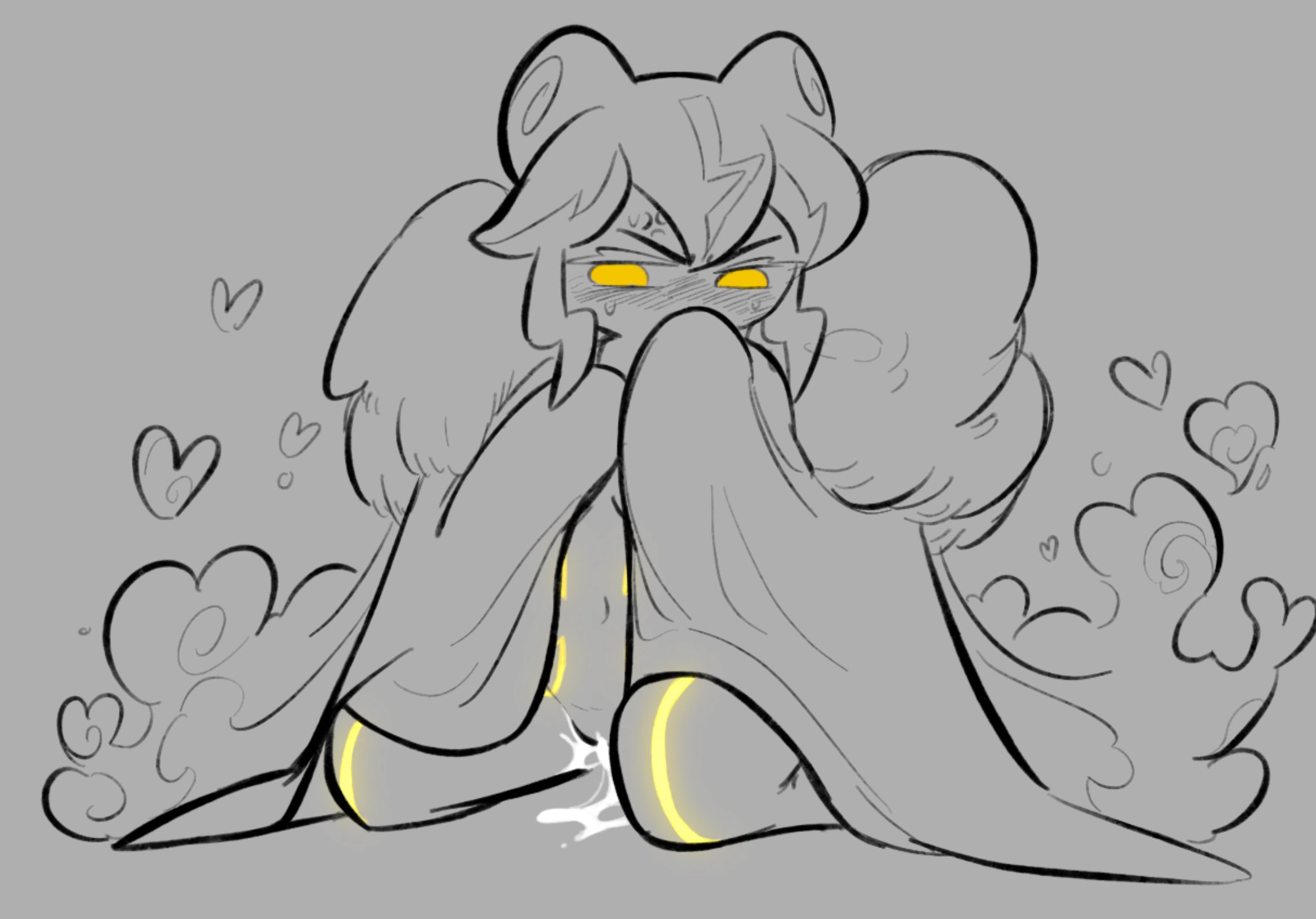 dark cacao cookie, stormbringer cookie, cookie run, cookie run: kingdom, bad link, commentary, english commentary, highres, 1boy, 1girl, blush, cloak, cum, cum in pussy, embarrassed, glowing, glowing tattoo, heart, hetero, tattoo, yellow eyes