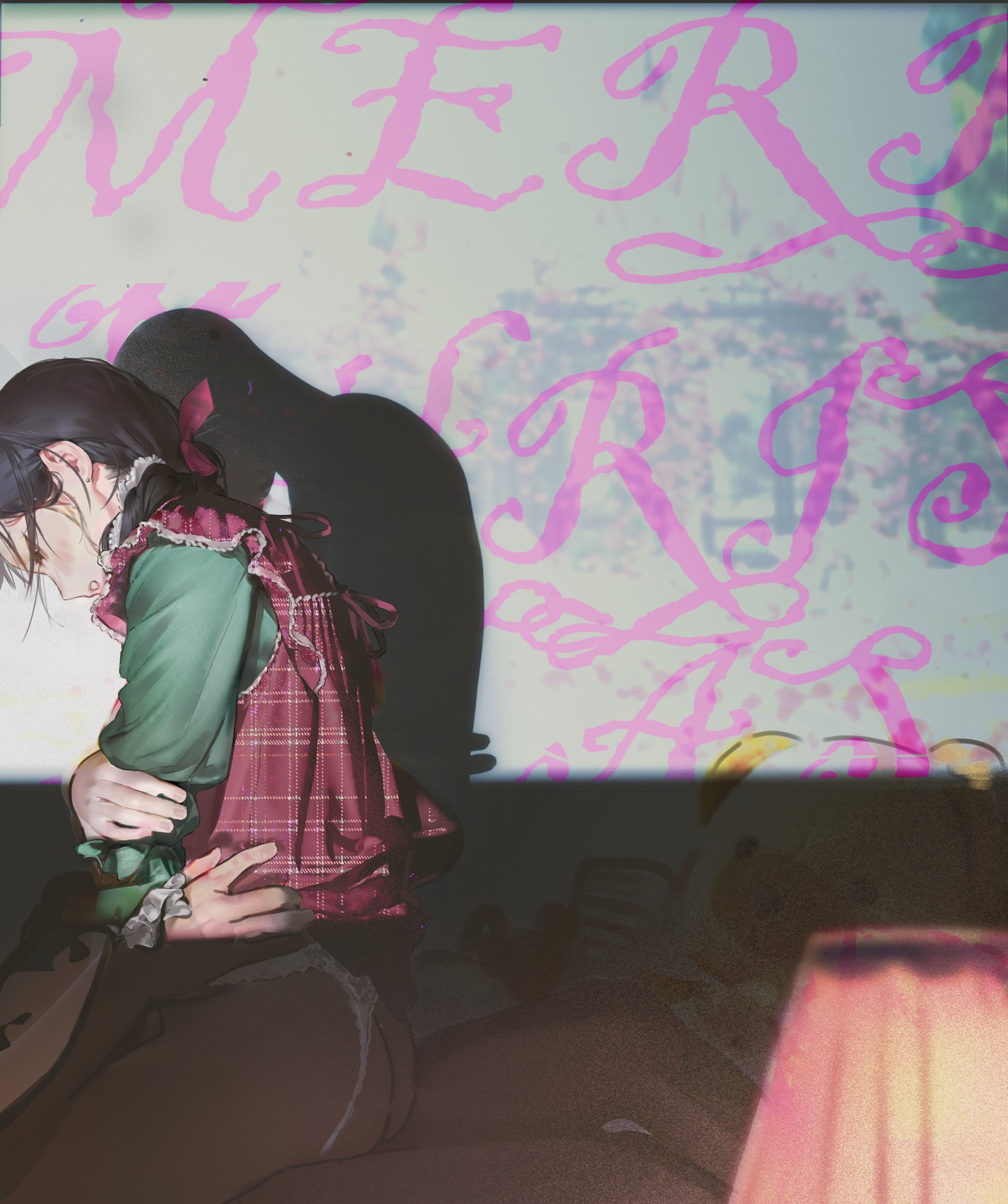 sunny bitch, original, highres, 1girl, 1other, black hair, clothing aside, earrings, from side, green shirt, hair ribbon, half-closed eyes, hand on another's waist, jewelry, lamp, long sleeves, panties, panties aside, pantyhose, parted lips, profile, red ribbon, red vest, ribbon, shadow, shirt, solo focus, straddling, stud earrings, stuffed animal, stuffed toy, teddy bear, underwear, vest