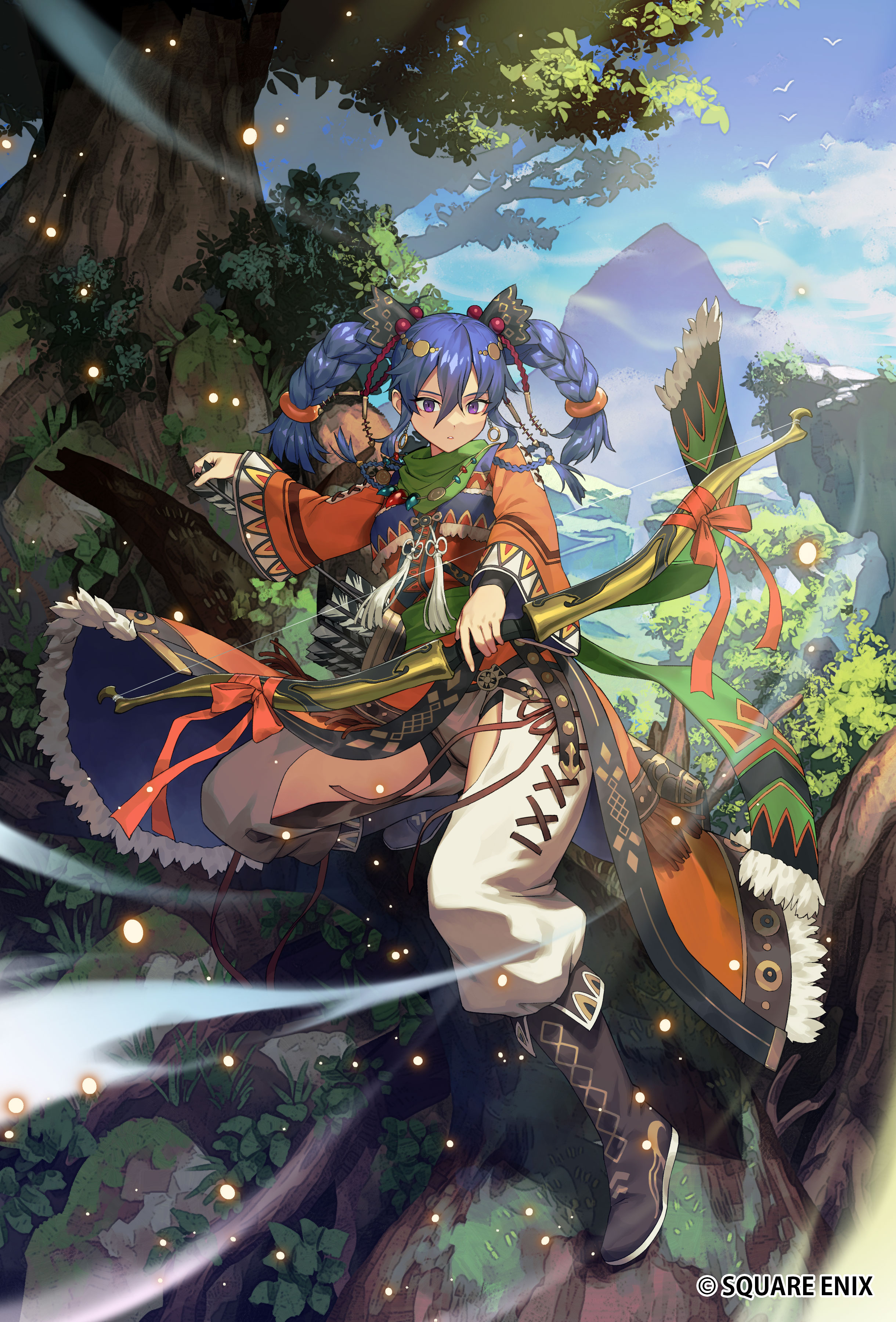 chyko, romancing saga re;universe, saga, square enix, absurdres, commentary request, highres, official art, 1girl, bird, bow (weapon), braid, closed mouth, full body, holding, holding bow (weapon), holding weapon, long hair, mountain, outdoors, solo, tree, twin braids, weapon