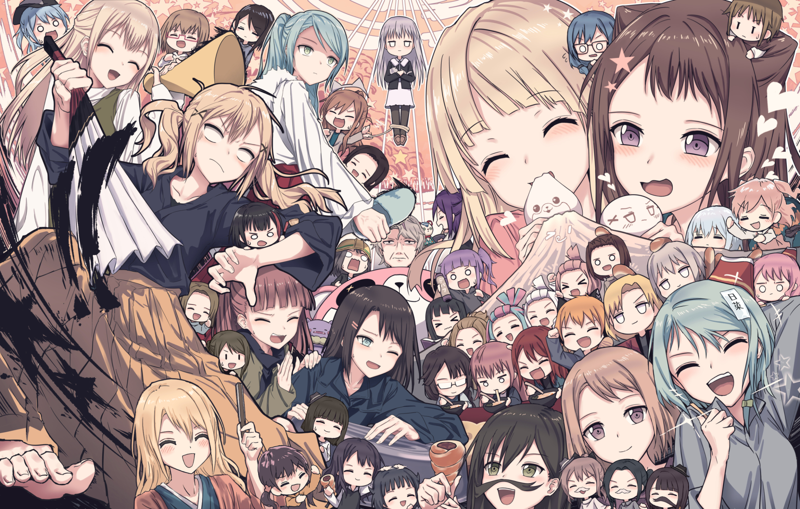 yukitake (bullfalk), aoba moca, asahi rokka, futaba tsukushi, hanazono tae, hazawa tsugumi, hikawa hina, hikawa sayo, hiromachi nanami, ichigaya arisa, imai lisa, kirigaya toko, kitazawa hagumi, kurata mashiro, maruyama aya, matsubara kanon, michelle (bang dream!), minato yukina, mitake ran, nijikki hinako, nyubara reona, okusawa misaki, owner (bang dream!), roselia (bang dream!), sato masuki, seta kaoru, shirasagi chisato, shirokane rinko, tamade chiyu, toyama asuka, toyama kasumi, tsukishima marina, tsurumaki kokoro, udagawa ako, udagawa tomoe, uehara himari, ushigome rimi, ushigome yuri, uzawa rii, wakamiya eve, wakana rei, wanibe nanana, yamabuki saya, yamato maya, yashio rui, bang dream!, bang dream! girls band party!, annotated, commentary request, highres, revision, > <, +++, 6+girls, ^ ^, absolutely everyone, afterglow (bang dream!), ahoge, anger vein, animal ear headphones, animal ears, aqua hair, arm behind head, bangs pinned back, barefoot, baseball cap, black-framed eyewear, black hair, black jacket, black kimono, black ribbon, blonde hair, blue hair, blue sweater, blunt bangs, blush, bob cut, book, braid, bread, brown hair, cat, cat ear headphones, cat ears, chibi, chocolate, chocolate cornet, closed eyes, collarbone, cosplay, drill hair, eating, everyone, eye mask, fake animal ears, fake facial hair, fake mustache, fang, floating, flying sweatdrops, folding fan, food, food on head, glasses, glowstick, green eyes, grey eyes, grey hair, hair flaps, hair ornament, hair over face, hair over shoulder, hair ribbon, hair scrunchie, hairclip, hakama, hakama skirt, half updo, hand fan, hanten (clothes), hard hat, hat, headpat, headphones, heart, hello happy world!, helmet, hikawa sayo (cosplay), holding, holding fan, holding food, hood, hoodie, jacket, japanese clothes, jitome, kawabata mayu, kimono, long hair, long sleeves, low twintails, mask, matsugi ririko, medium hair, megaphone, mini hat, mochi, morfonica, mori fumika, mountain, multicolored hair, multiple girls, no pupils, nono yoshiko, noodles, o o, object on head, old, old woman, one eye closed, one side up, opaque glasses, open mouth, orange background, orange hair, parted bangs, pastel palettes (bang dream!), pink hair, ponytail, poppin'party, pun, purple eyes, purple hair, raise a suilen, ramen, red-framed eyewear, red eyes, red hair, red hakama, ribbon, scrunchie, semi-rimless eyewear, shaded face, short hair, siblings, sidelocks, sisters, skin fang, skirt, star (symbol), star hair ornament, star symbol background, streaked hair, sweatdrop, sweater, swept bangs, taiko satomi, teeth, twin braids, twin drills, twins, twintails, two-tone hair, two side up, umino natsuki, under-rim eyewear, upper teeth only, wavy mouth, white hair, white hoodie, white kimono, x hair ornament