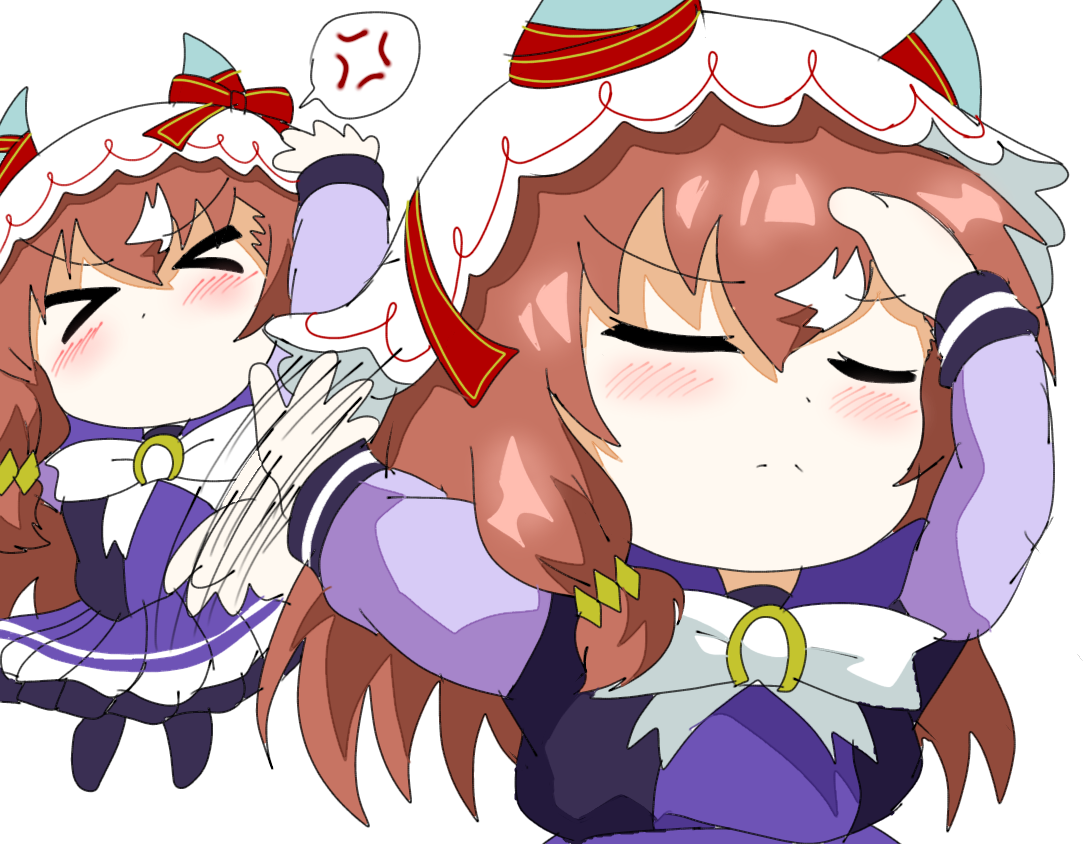 still in love (umamusume), umamusume, commentary request, > <, 2girls, adjusting hair, anger vein, animal ears, brown hair, closed eyes, hand in own hair, hand on own head, horse ears, horse girl, long sleeves, meme, multiple girls, naoya hitting choso without looking (meme), parody, rakesimu8181, scene reference, school uniform, simple background, smear frame, spoken anger vein, tracen school uniform, veil, white background