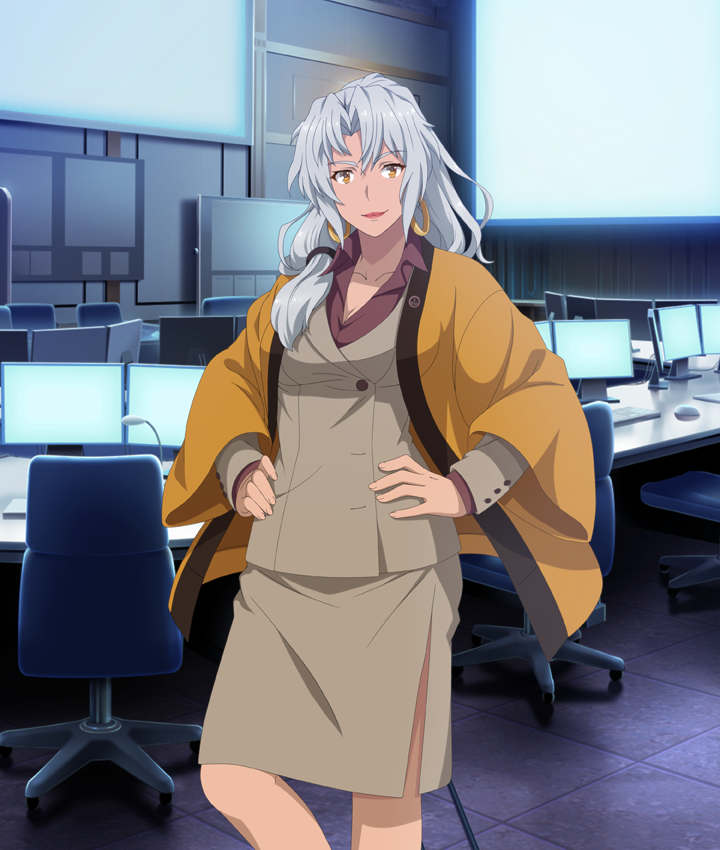 toji no miko, toji no miko: kizamishi issen no tomoshibi, game cg, official art, third-party source, 1girl, breasts, brown jacket, brown skirt, chair, cleavage, collarbone, computer, computer keyboard, computer mouse, dark-skinned female, dark skin, earrings, feet out of frame, grey hair, hands on own hips, haori, hoop earrings, indoors, jacket, japanese clothes, jewelry, knee up, long hair, looking at viewer, maniwa sana, mature female, medium breasts, monitor, orange eyes, orange haori, parted bangs, red lips, red shirt, shirt, side slit, skirt, smile, solo, swivel chair, tile floor, tiles