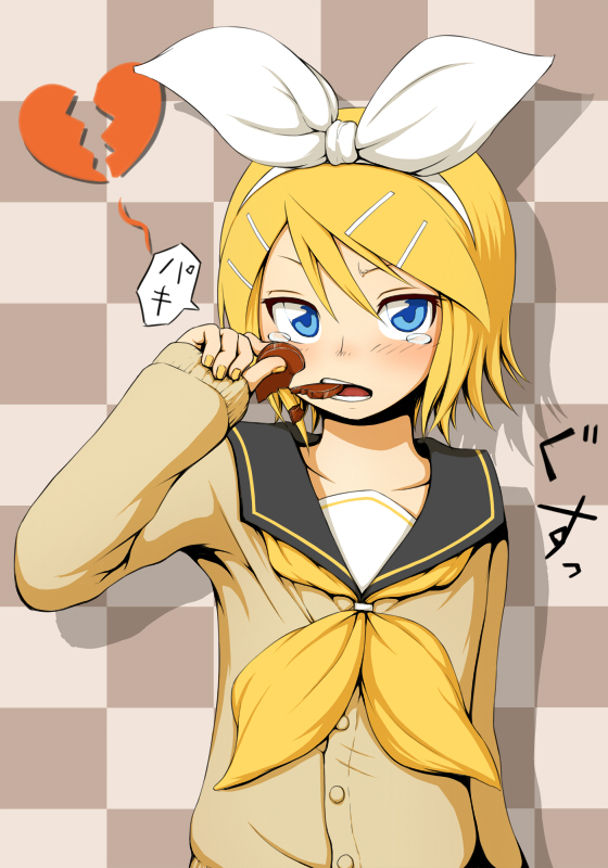 jaco, kagamine rin, vocaloid, biting, blonde hair, blue eyes, blush, broken heart, chocolate, hair ornament, hair ribbon, hairclip, heart, ribbon, school uniform, short hair, tears, valentine