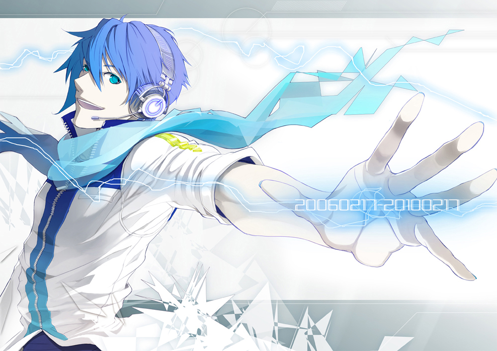 komaki (gigu), kaito (vocaloid), vocaloid, bad id, bad pixiv id, 1boy, blue eyes, blue hair, blue scarf, headphones, headset, male focus, matching hair/eyes, scarf, smile, solo