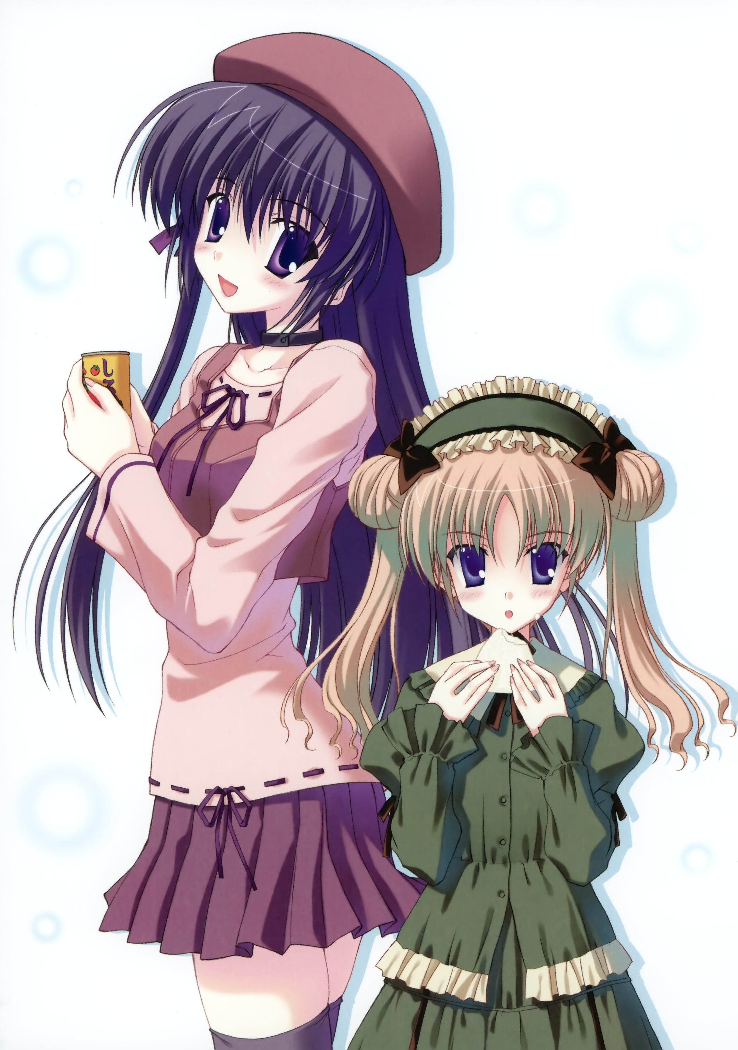 nanao naru, kamikawa mayuko, shihou matsuri, sola, absurdres, highres, 00s, blue eyes, blush, can, double bun, food, food on face, hairband, hat, lolita hairband, long hair, open mouth, purple eyes, smile, thighhighs, twintails, zettai ryouiki