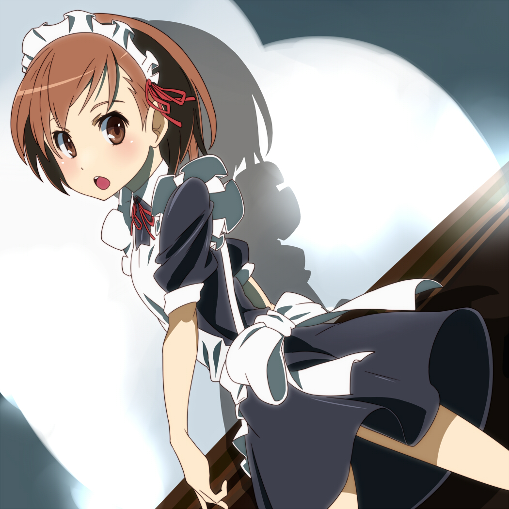 hajime (hajime-ill-1st), misaka mikoto, toaru kagaku no railgun, toaru majutsu no index, bad id, bad pixiv id, alternate costume, apron, brown eyes, brown hair, dutch angle, enmaided, maid, maid apron, maid headdress, short hair, solo, spotlight