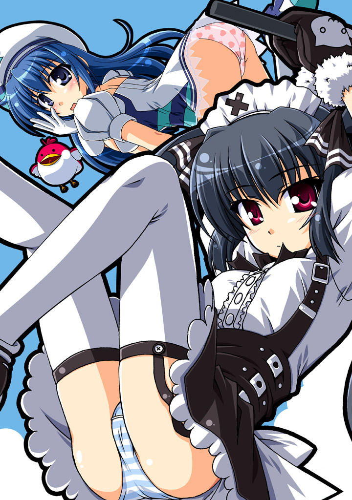 musashiya chougenbou, arin (pangya), kooh (pangya), pangya, bird, blue hair, heart, heart panties, heart print, lingerie, long hair, panties, polka dot, polka dot panties, print panties, red eyes, strap, striped clothes, striped panties, suspenders, thighhighs, twintails, underwear
