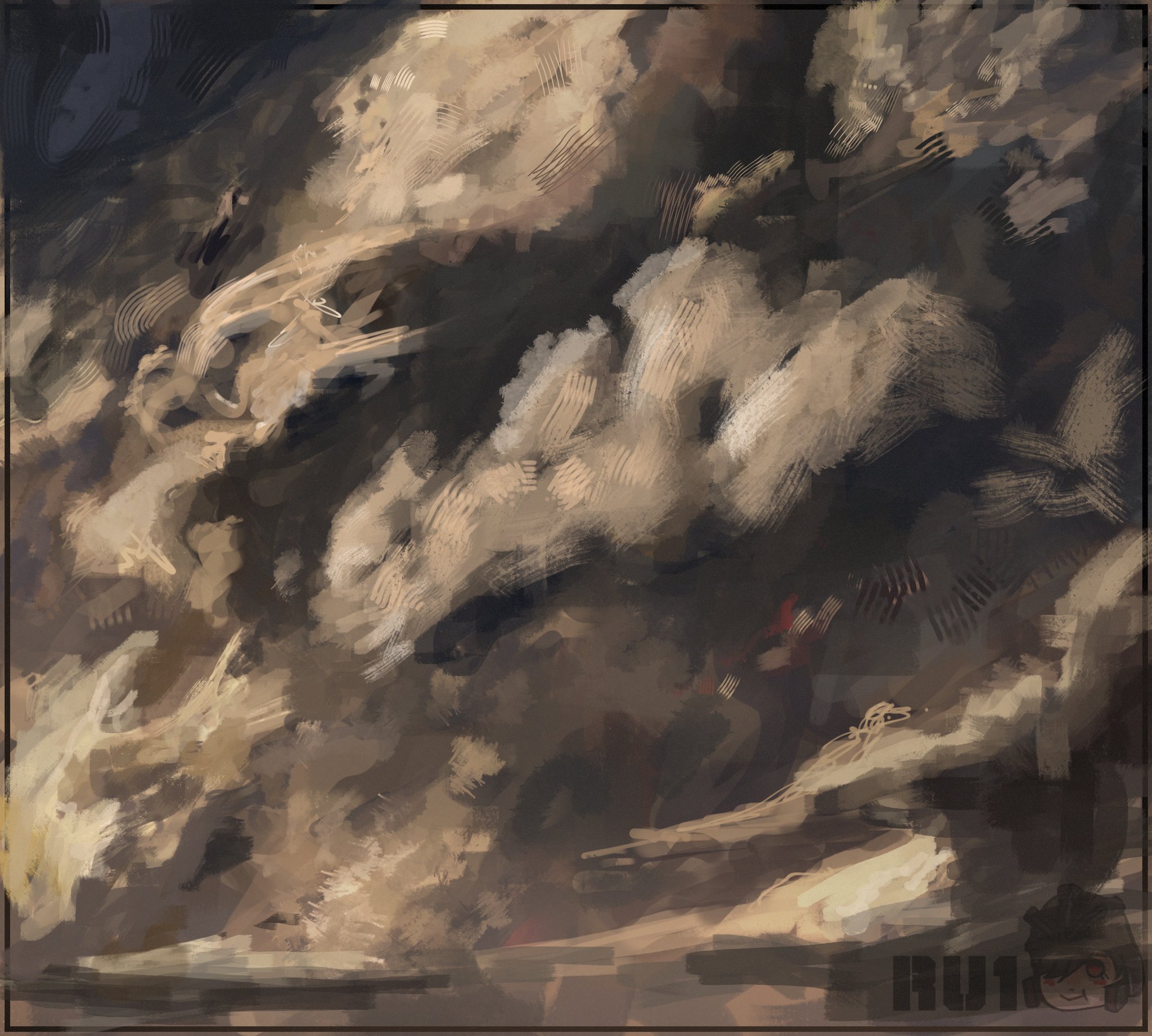 skibidi toilet (series), commentary, english commentary, highres, artist name, cloud, cloud ruan99543, cloudy sky, dark cloud, day, lightning, no humans, outdoors, red lightning, scenery, sky, storm, storm cloud