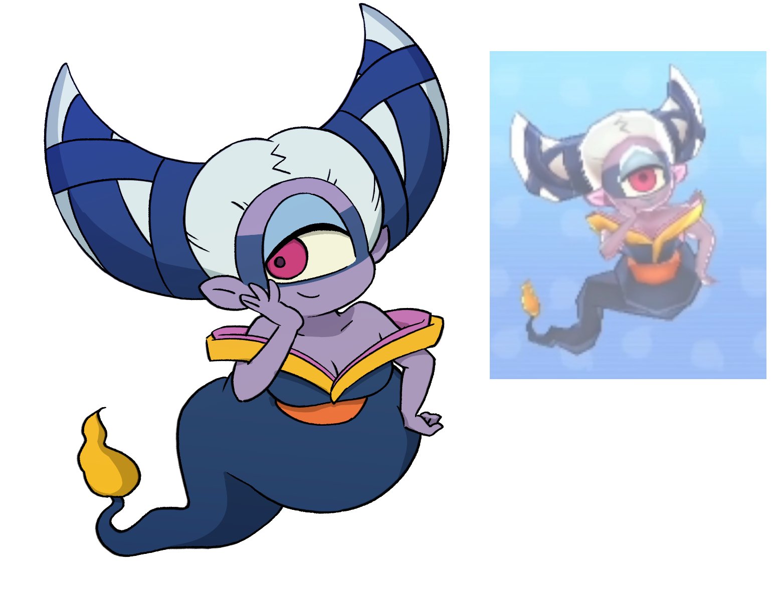 fuumin (youkai watch), youkai watch, highres, 1girl, bare shoulders, blanketdrawing, colored skin, game screenshot inset, hair horns, looking to the side, one-eyed, pink eyes, pointy ears, purple skin, screenshot inset, simple background, white background, youkai (youkai watch)