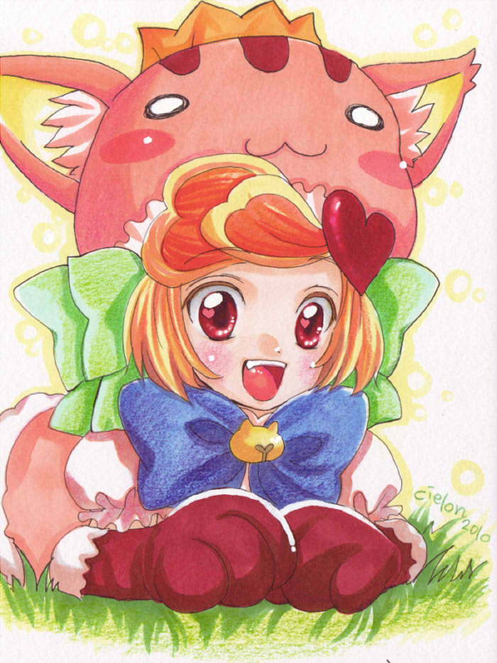 mikogami riko, anyamal tantei kirumin zoo, bad id, bad pixiv id, animal ears, animal hands, animal hat, blush, bow, cat, cat ears, crown, hair ornament, hat, heart, open mouth, orange hair, red eyes, ribbon, smile, solo