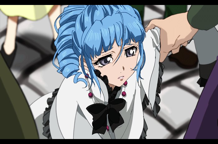 fumiko (mesushi), ange serena, tales of (series), tales of innocence, 1girl, anime coloring, blue hair, curly hair, dress, drill hair, high ponytail, letterboxed, long hair, ponytail