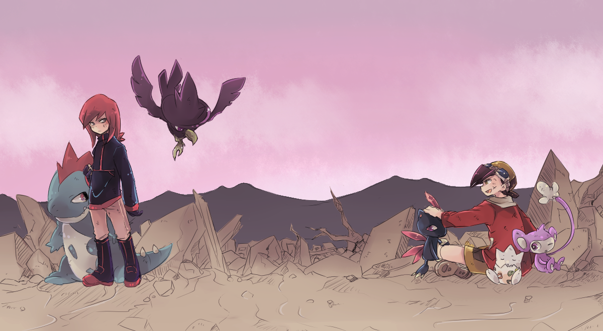 goro nyanko, aipom, croconaw, ethan (pokemon), murkrow, silver (pokemon), sneasel, togepi, nintendo, pokemon, pokemon adventures, 2boys, baseball cap, gen 2 pokemon, goggles, hat, multiple boys, one eye closed, pokemon (creature), rubble, sitting, wink