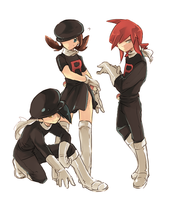 goro nyanko, ethan (pokemon), lyra (pokemon), silver (pokemon), nintendo, pokemon, pokemon adventures, pokemon hgss, 1girl, 2boys, alternate costume, boots, clothes writing, cosplay, gloves, hat, knee boots, miniskirt, multiple boys, poke ball, scarf, skirt, team rocket, team rocket (cosplay), team rocket uniform, thighhighs, zettai ryouiki