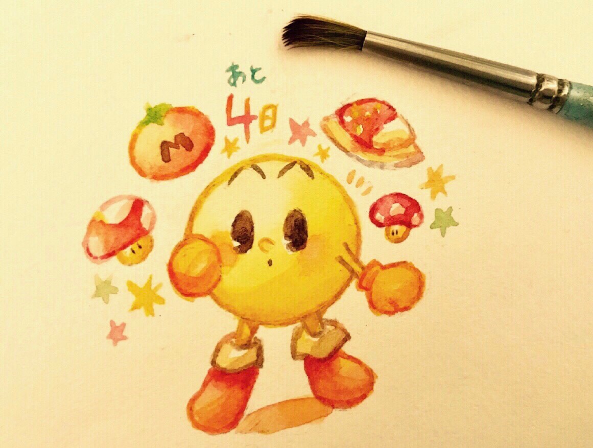 yukichi 0611, pac-man, nintendo, pac-man (game), super smash bros., commentary request, painting (medium), photoshop (medium), traditional media, translation request, watercolor (medium), art tools in frame, boots, curry, food, full body, maxim tomato, no humans, pac-man eyes, simple background, solo, super mushroom