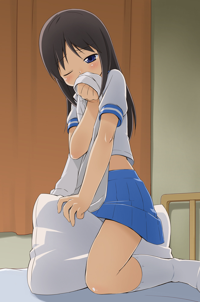 bakutendou, tsuchida satsuki, hanamaru youchien, bad id, bad pixiv id, 1girl, bed, black hair, blue eyes, blush, crotch rub, female focus, female masturbation, kneehighs, kneeling, loli, long hair, masturbation, masturbation through clothes, midriff, one eye closed, pillow, pillow humping, school uniform, serafuku, shirt, skirt, smelling, smelling clothes, socks, solo, wink