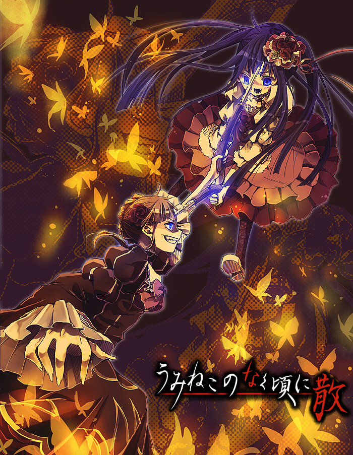 ringo komachi, beatrice (umineko), furudo erika, umineko no naku koro ni, bad id, bad pixiv id, 2girls, blonde hair, blue eyes, blue hair, bow, bug, butterfly, gun, mexican standoff, multiple girls, pink bow, twintails, weapon