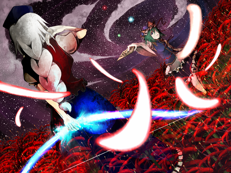 shinta (artist), tokoroten (hmmuk), shiki eiki, yagokoro eirin, touhou, silver hair, bad id, bad pixiv id, 2girls, arm behind back, blue eyes, bow (weapon), danmaku, female focus, flower, glowing, glowing petals, green eyes, moon, multiple girls, petals, red flower, rod of remorse, sky, spider lily, star (sky), starry sky, weapon