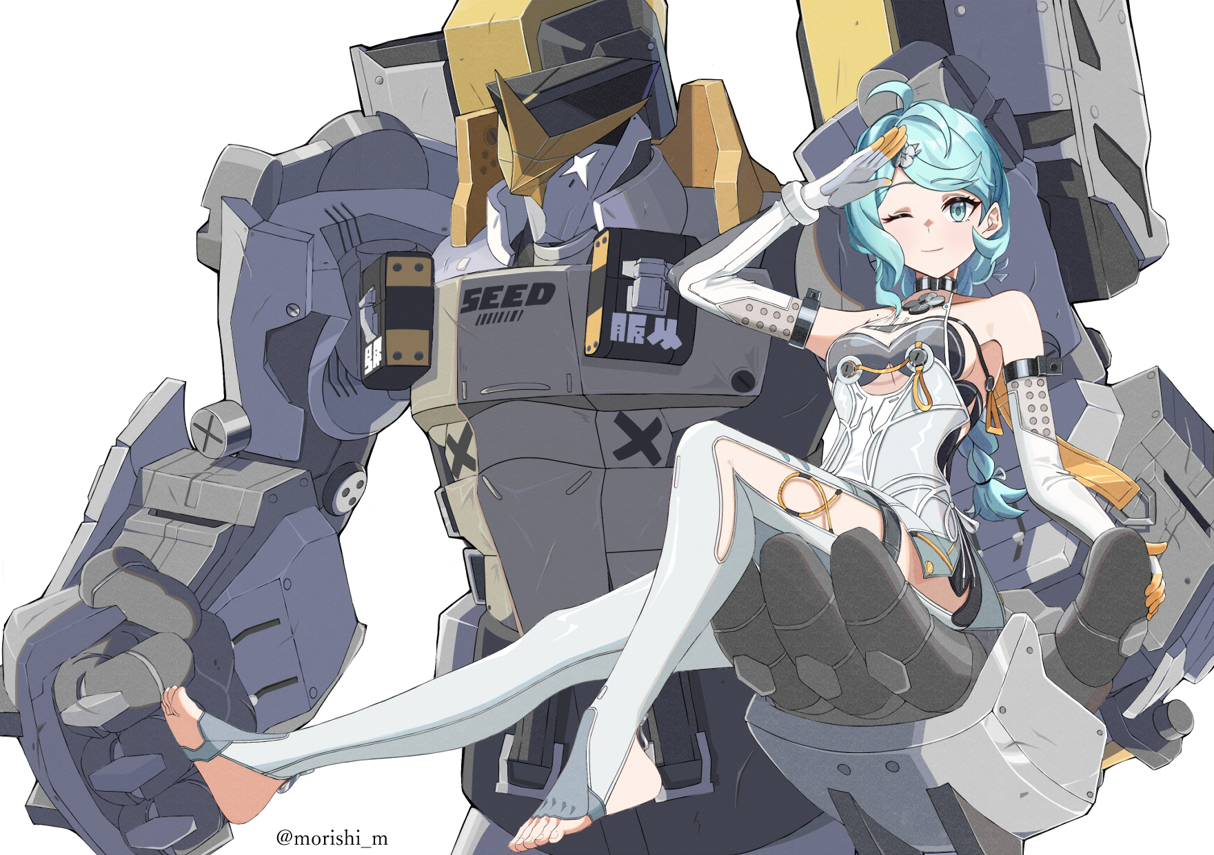 seed (zenless zone zero), seed sr., zenless zone zero, commentary, english commentary, highres, 1girl, ;), ahoge, bare shoulders, blue eyes, blue hair, breasts, elbow gloves, gloves, looking at viewer, mole, mole on shoulder, morishi m, one eye closed, robot, salute, see-through dress layer, simple background, sitting, smile, stirrup legwear, toeless legwear, twitter username, white background