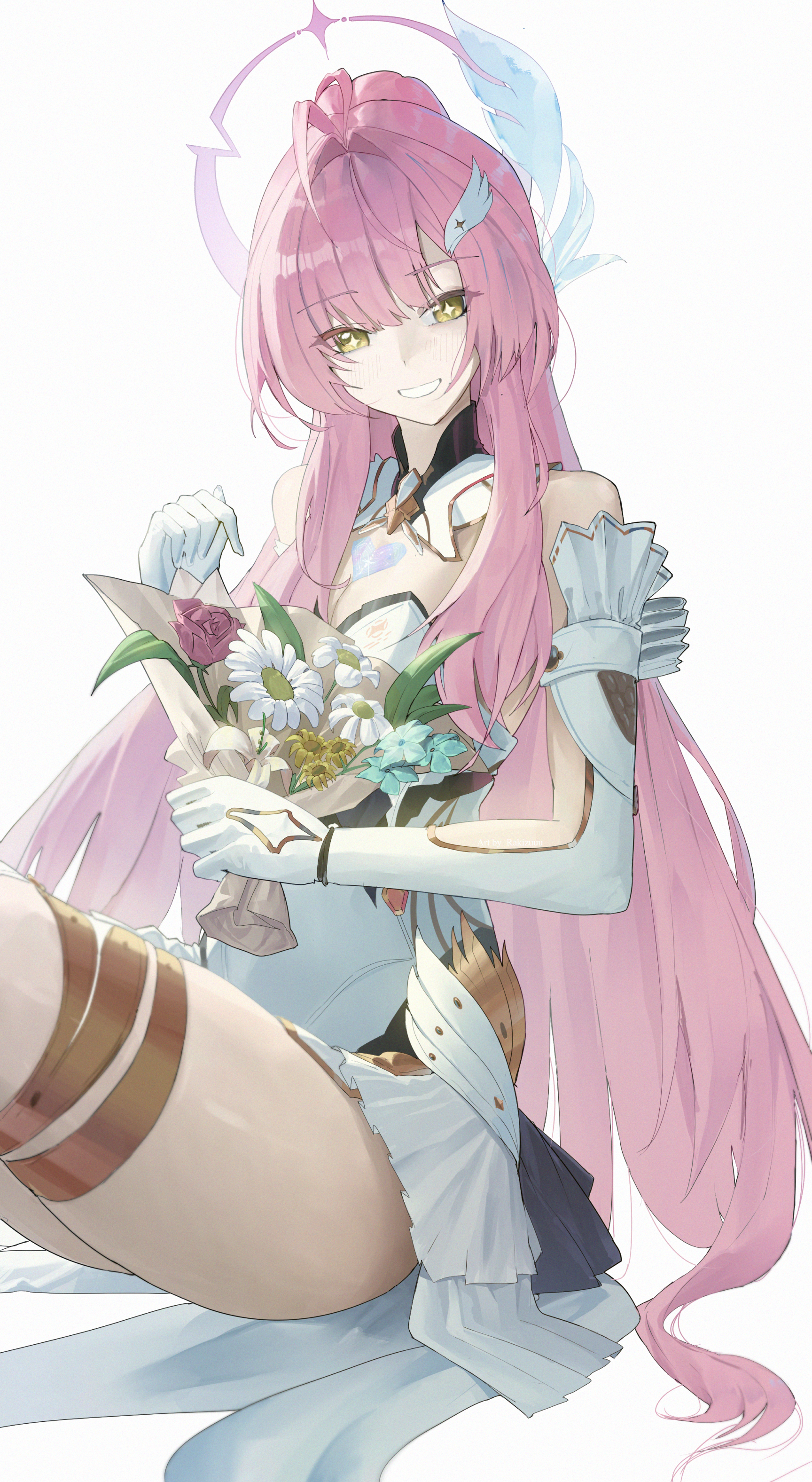 rakizuuu, aemeath (wuthering waves), wuthering waves, absurdres, commentary, english commentary, highres, 1girl, ahoge, bare shoulders, bouquet, breasts, cleavage, elbow gloves, flower, gloves, hair intakes, hair ornament, holding, holding bouquet, leotard, long hair, looking at viewer, medium breasts, pink hair, ponytail, showgirl skirt, simple background, skirt, smile, solo, star-shaped pupils, star (symbol), symbol-shaped pupils, thighs, very long hair, white background, white gloves, white leotard, white skirt, yellow eyes