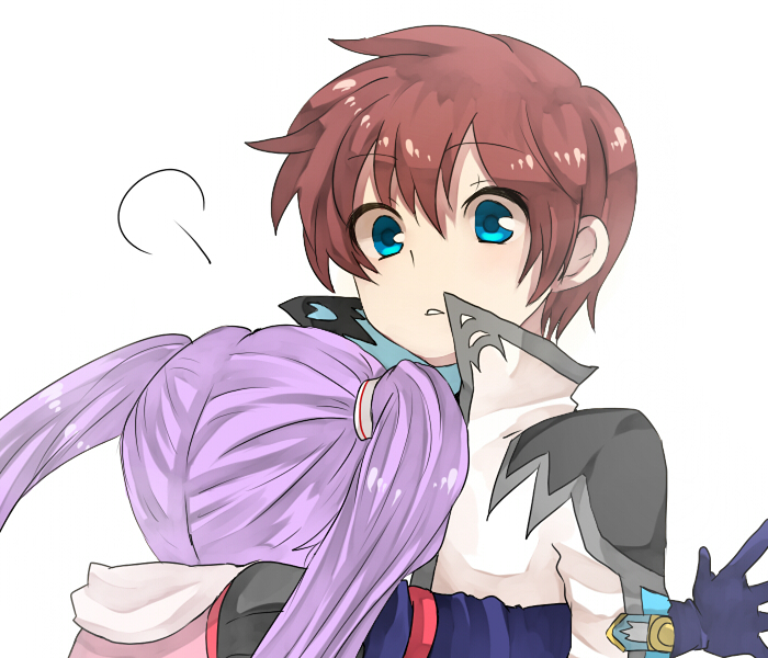 kurodeko, asbel lhant, sophie (tales), tales of (series), tales of graces, bad id, bad pixiv id, 1boy, 1girl, aqua eyes, brown hair, glomp, hetero, hug, purple hair, twintails, white background