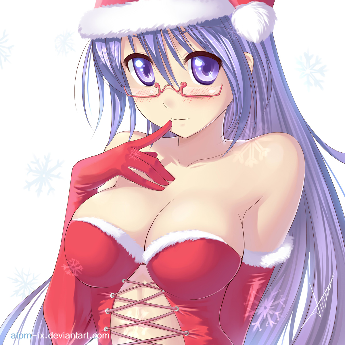 atomix, original, highres, 1girl, bare shoulders, blush, breasts, christmas, cleavage, corset, elbow gloves, female focus, glasses, gloves, hat, large breasts, pince-nez, purple eyes, purple hair, red gloves, santa costume, santa hat, snowflakes, solo
