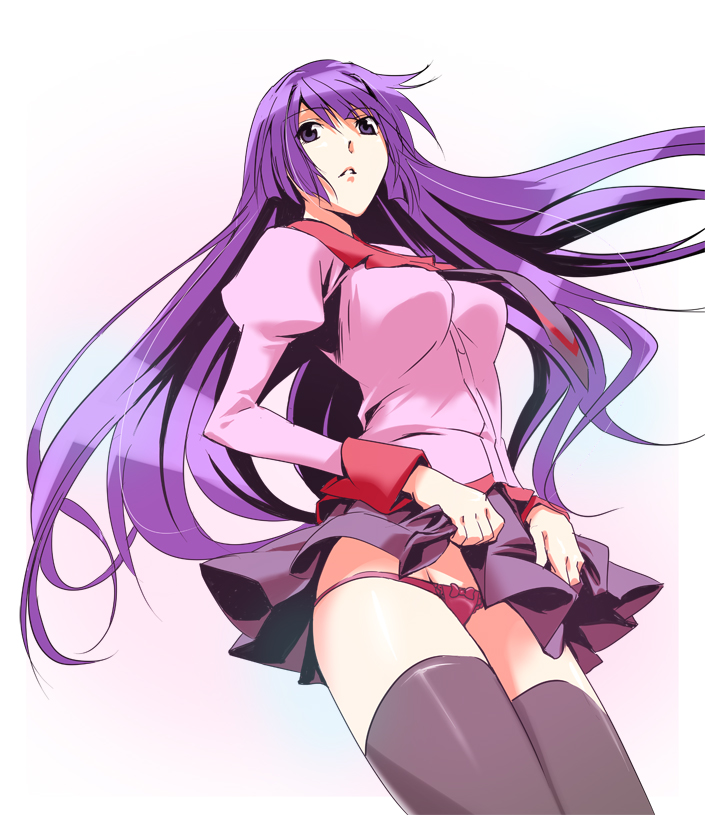 marumi, senjougahara hitagi, bakemonogatari, monogatari (series), 1girl, bow, bow panties, clothes lift, female focus, long hair, lowleg, lowleg panties, necktie, panties, purple hair, red panties, school uniform, simple background, skirt, skirt lift, solo, thighhighs, underwear, upskirt, wind