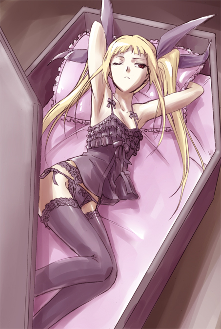 marumi, rachel alucard, arc system works, blazblue, 1girl, armpits, arms up, black panties, blonde hair, box, breasts, camisole, coffin, female focus, frills, garter belt, in box, in container, lingerie, long hair, lying, one eye closed, panties, red eyes, ribbon, side-tie panties, small breasts, solo, thighhighs, twintails, underwear, wink